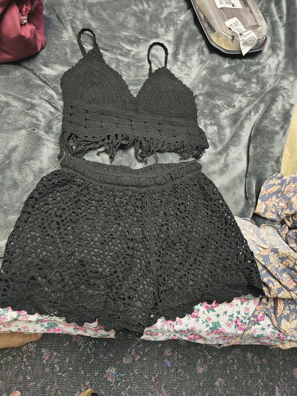 Black Crochet Two-Piece Bralette & Shorts Set